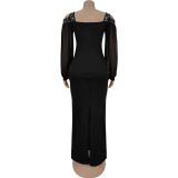 Elegant Off-Shoulder Square Neckline Rhinestone Tulle Bodycon Dress