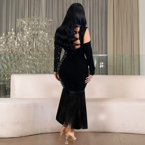 Black Sexy Body-Hugging Long-Sleeve Rhinestone Fringe Mermaid Dress