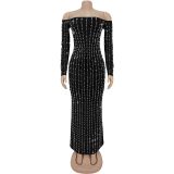 Faux Pearl Embellished Off Shoulder Maxi Dress
