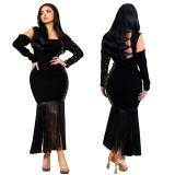 Black Sexy Body-Hugging Long-Sleeve Rhinestone Fringe Mermaid Dress