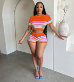 Colorful Striped Patchwork Knit 2 Piece Set Beach Crop Tops + Shorts Suits