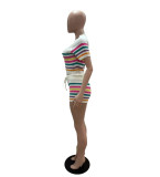 Colorful Striped Patchwork Knit 2 Piece Set Beach Crop Tops + Shorts Suits