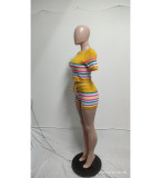 Colorful Striped Patchwork Knit 2 Piece Set Beach Crop Tops + Shorts Suits
