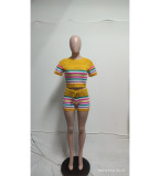 Colorful Striped Patchwork Knit 2 Piece Set Beach Crop Tops + Shorts Suits