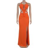Sexy Knitted Halter Hollow-out  Backless Split Long Dresses