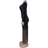 Black Sexy Body-Hugging Long-Sleeve Rhinestone Fringe Mermaid Dress