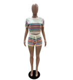Colorful Striped Patchwork Knit 2 Piece Set Beach Crop Tops + Shorts Suits