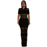 Sexy See-Through Mesh Turndown Collar Long Dresses