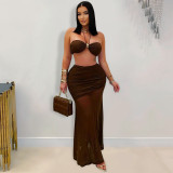 Sexy Strapless Tube Top Pleated Mesh Long Skirt Set