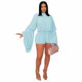 Casual Pleated Solid Color Long Sleeve Short Rompers