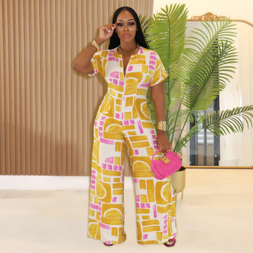 Yellow Chic Geometric Print Short-Sleeve Jumpsuit