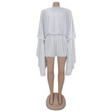 Casual Pleated Solid Color Long Sleeve Short Rompers