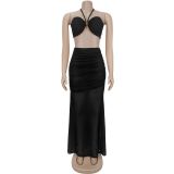 Sexy Strapless Tube Top Pleated Mesh Long Skirt Set