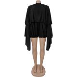 Casual Pleated Solid Color Long Sleeve Short Rompers