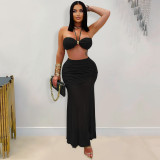 Sexy Strapless Tube Top Pleated Mesh Long Skirt Set