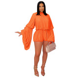 Casual Pleated Solid Color Long Sleeve Short Rompers