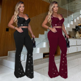 Sling Two Pieces Sets Solid Metal Ring Crop Top And Flared Pants Set Women