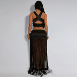 Solid Color Straps Ruched Tassels Skirt Set