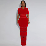 Sexy See-Through Mesh Turndown Collar Long Dresses