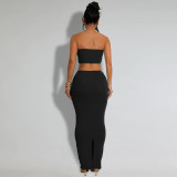 Fashion Breasted Strapless Top Long Skirt 2pcs Set