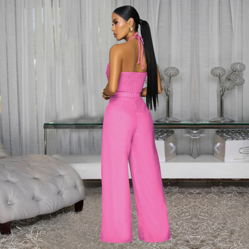 Sexy Womens Summer Outfits Halter Crop Top and Wide Leg Pants Club Outfit