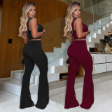 Sling Two Pieces Sets Solid Metal Ring Crop Top And Flared Pants Set Women
