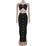 Fashion Breasted Strapless Top Long Skirt 2pcs Set