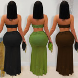 Sexy Strapless Tube Top Pleated Mesh Long Skirt Set