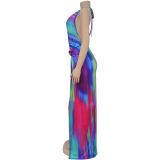 Elegant Lace-up Halter Backless Printed Long Dress
