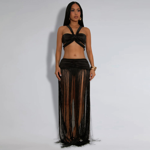 Solid Color Straps Ruched Tassels Skirt Set