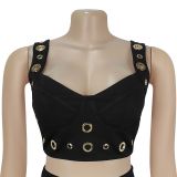 Sling Two Pieces Sets Solid Metal Ring Crop Top And Flared Pants Set Women