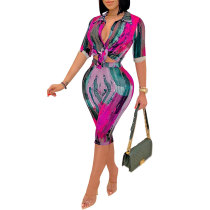 Casual Print V-Neck 2 Piece Outfits Women Sexy Bodycon Short Set