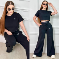 Embroidered Letters Double Waistband High Waist Wide Leg Pants Set