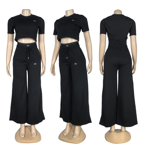 Embroidered Letters Double Waistband High Waist Wide Leg Pants Set