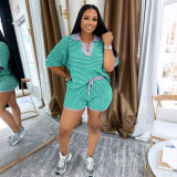 Color Contrast Mid-sleeve V-neck Striped Knitted Top High Wwaist Shorts Set