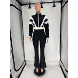 Casual Zipper Contrast Zipper Collar Long Sleeve Flared Pant Two Pieces