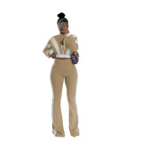 Casual Zipper Contrast Zipper Collar Long Sleeve Flared Pant Two Pieces