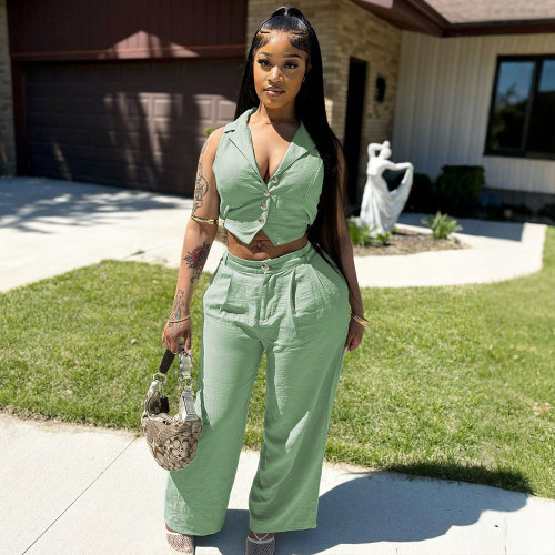 Solid Color Sleeveless Tie Up Tops Two Piece Pants Set