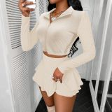 Solid Color Zipper Cropped Top Two Piece Ruffled Culotte Skirt Set