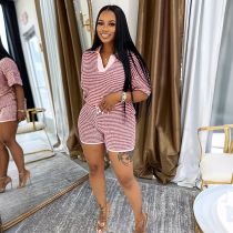 Color Contrast Mid-sleeve V-neck Striped Knitted Top High Wwaist Shorts Set