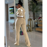 Casual Zipper Contrast Zipper Collar Long Sleeve Flared Pant Two Pieces