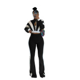 Casual Zipper Contrast Zipper Collar Long Sleeve Flared Pant Two Pieces