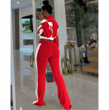 Casual Zipper Contrast Zipper Collar Long Sleeve Flared Pant Two Pieces