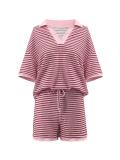 Color Contrast Mid-sleeve V-neck Striped Knitted Top High Wwaist Shorts Set