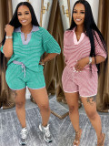 Color Contrast Mid-sleeve V-neck Striped Knitted Top High Wwaist Shorts Set