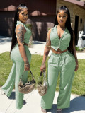 Solid Color Sleeveless Tie Up Tops Two Piece Pants Set