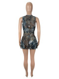Womens Sexy Cheetah Print Outfit Bodycon V Neck Vest Mini Lined  Skirt 2 Piece