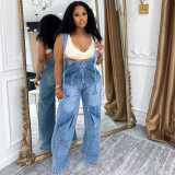 Women's Denim Overalls Summer Straps Zipper Washed Jumpsuit