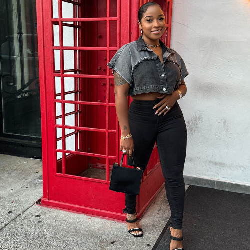 Women's Short Denim Outerwear Casual Washed Colorblock Denim Jacket