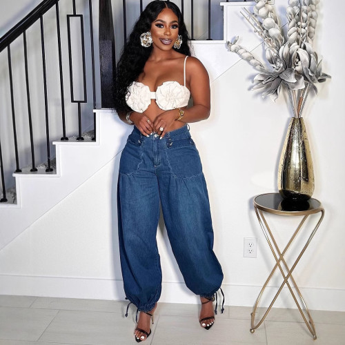 Adjustable Drawstring Lace-up Side Zipper Jeans